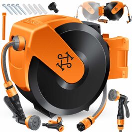 Шланг садовий KESSER® на котушці 35м з настінним кріпленням, поворотний 180°, автоматичне скручування, чорно-помаранчевий, з душем 7 функцій