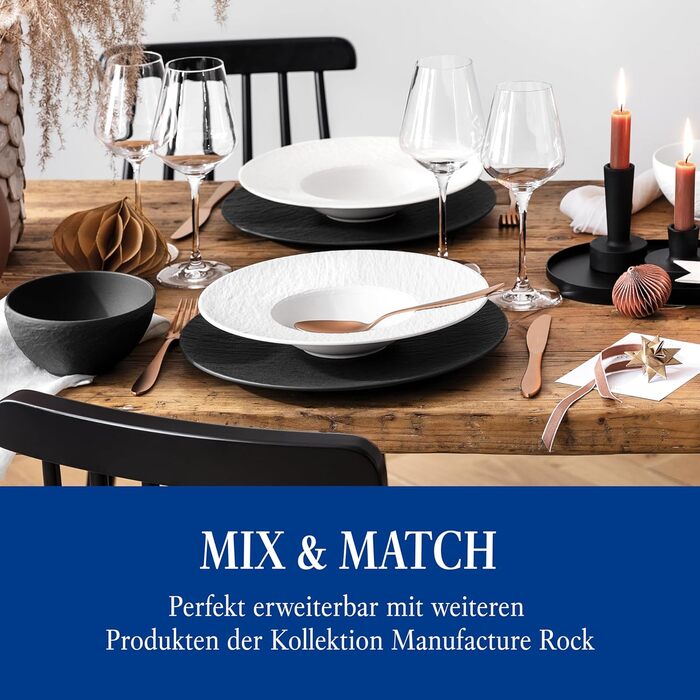 Villeroy & Boch Manufacture Rock Blanc набір посуду 6 предметів, білий, преміум порцеляна, сучасний дизайн, для сервірування, можна мити в посудомийній машині та використовувати в мікрохвильовці: тарілки, паста-тарілки, миски для мюслі, стартовий набір