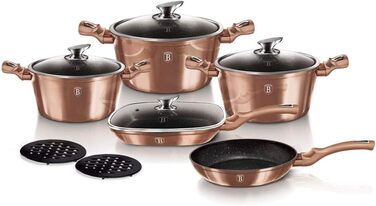 Набір каструль Berlinger Haus Rose Gold, 11 предметів, антипригарне покриття, мармур, алюміній, для індукції, 3 каструлі, 4 скляні кришки, 1 гриль- та 1 сковорода, 2 підставки, серія Metallic Line, PFOA-free