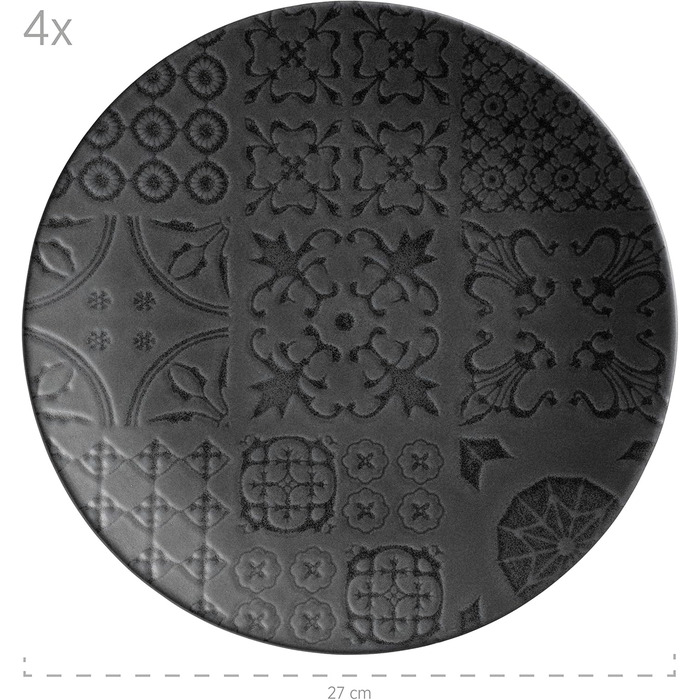 Сервіз MÄSER Tiles Vintage на 4 особи, 12 предметів, кераміка, чорний, марокканський стиль, матова глазур