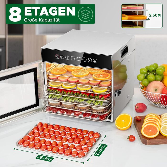 Сушарка для продуктів Kwasyo Edelstahl 750W з 8 рівнями, цифровим таймером, регулюванням температури та захистом від перегріву
