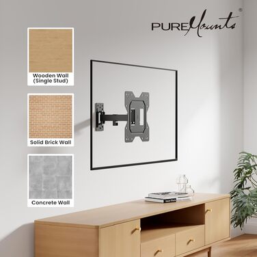 Настінний кронштейн для телевізора та монітора PureMounts, нахильний та поворотний, VESA 100x100 мм, до 20 кг, для діагоналей 23-43 дюйми, чорний