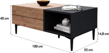 Журнальний стіл Newfurn чорний, дикий дуб, вінтаж індастріал, 100x40x55 см, для вітальні, у стилі лофт