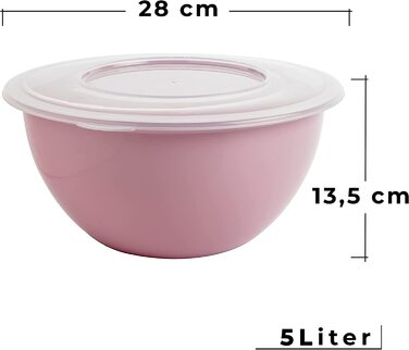 Миска з кришкою 5 л, салатниця та рондель для змішування, пластикова (PP), BPA-free, світло-сіра, пастельно-рожева, зелена, прозора кришка, Ø 28 см, вироблено в ЄС