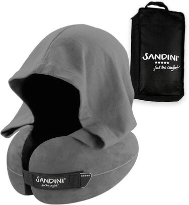 Подушка для подорожей SANDINI TravelFix Hoodie з ергономічною підтримкою шиї та капюшоном, преміум велюр, антрацит, чохол у комплекті