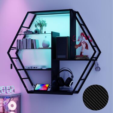 Плаваючі полиці YUSING RGB з підсвіткою 7 кольорів для ігор, настінні вітрини з 2 скляними полицями та 8 гачками, Hexagon (карбонове покриття)