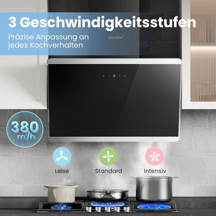Витяжка для кухні COMFEE' CH60J64ET4A2B 60 см, Edelstahl/Glass, 380 м³/год, сенсорне керування, LED-підсвітка, режим рециркуляції та відведення, чорна