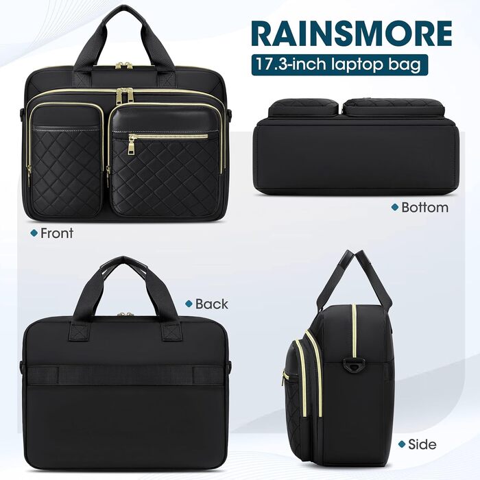 Сумка для ноутбука RAINSMORE 17.3 дюймів для жінок, водонепроникна ділова сумка-портфель для роботи та офісу, чорна