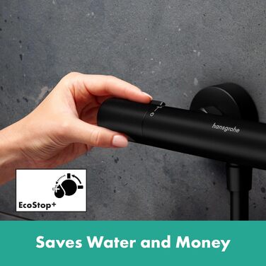 Змішувач Hansgrohe Ecostat Fine - n Aufputz з термостатом (SafetyStop 40°C) для 2 споживачів (чорний мат), комплект з водозберігаючим душем та стійкою 65 см
