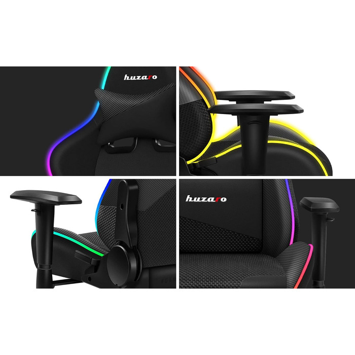 Ігрове крісло Huzaro Force 6.2 Black RGB з LED підсвіткою, еко-шкіра, тканина, карбон, до 130 кг, регульована висота, підголівник, поперекова підтримка, ергономічне, чорне
