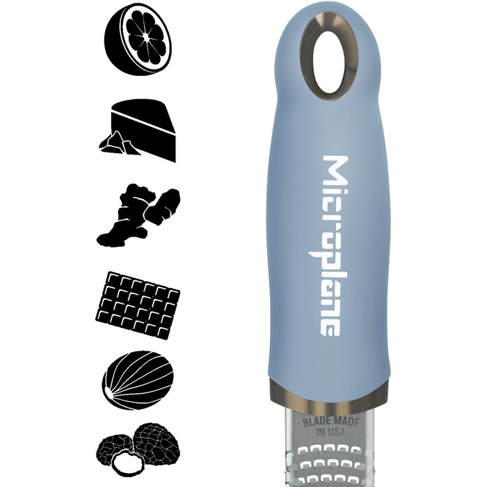 Терка Microplane Zester для цитрусових, пармезану, імбиру, шоколаду та мускатного горіха, з тонкою лезом з нержавіючої сталі, синя, 325x35x30 мм, вироблено в США