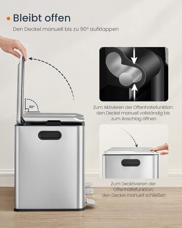 Сортувальний смітник SONGMICS HOME для кухні, 3×15 л, сталевий, з кольоровими педалями, кришками та внутрішніми відрами, металік