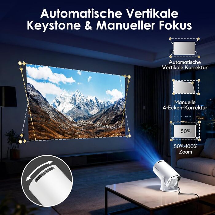 Портативний міні-проектор WOLFANG 1080P з WiFi 6, Bluetooth 5.4 та вбудованими додатками, автокоррекція трапецієподібних викривлень, підставка 180°, для дому та кінотеатру
