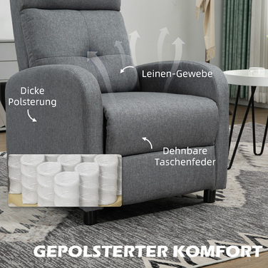 HOMCOM Recliner, Телевізор з функцією відкидання, Крісло для телевізора з білизною, М'яке крісло з пружинами-кишенями, Крісло вантажопідйомністю до 150 кг для вітальні, Grey