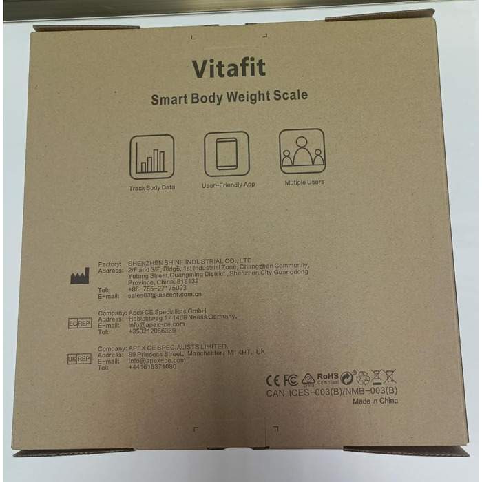 Смарт-вага Vitafit 250 кг з Bluetooth, вимірюванням ваги та ІМТ, синхронізацією з додатком, чорна, 8 мм загартоване скло, широка платформа