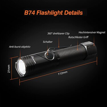 NICRON B74 LED ліхтарик 90° з магнітом, 700 люмен, 5 режимів, акумуляторний, IP65, для туризму, аварій, біле світло, з функцією пам'яті