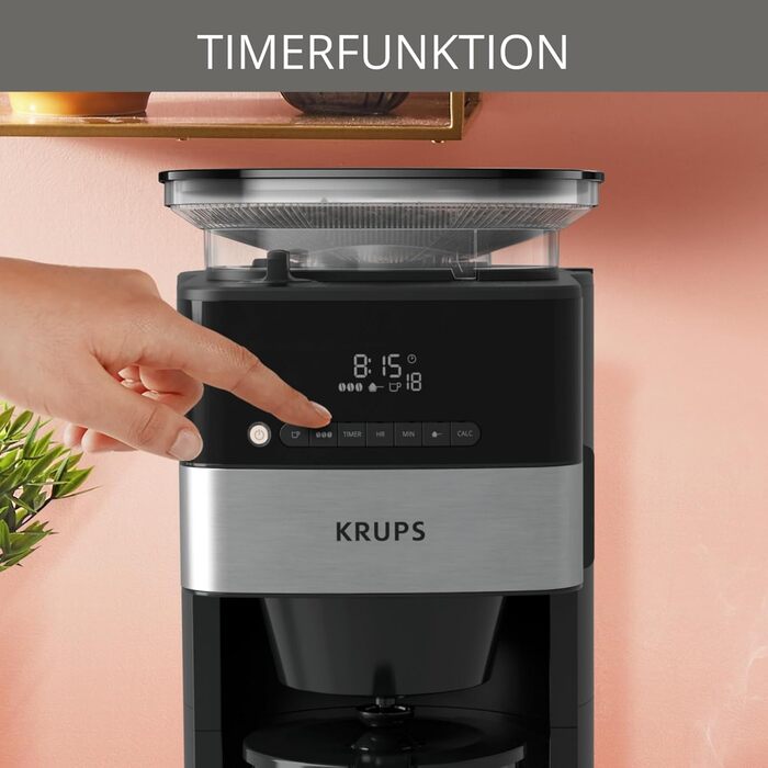 Кавомашина Krups KM8328 Grind Aroma з вбудованим млином | Таймер, 1.25л, 15 чашок | 3 ступені помелу, автовимкнення, чорний