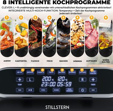 Подвійна аерофритюрниця Stillstern 8 л, 2400 Вт, 8 програм, Shake-функція, 80-200°C, для 1-8 осіб, дегідрація, розморожування, підтримка тепла, 120 рецептів, чорна