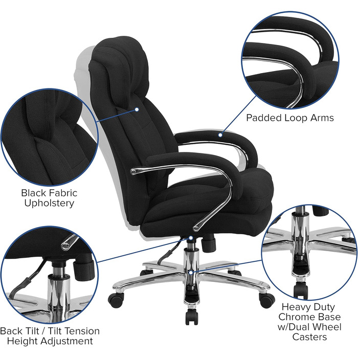 Офісне крісло Flash Furniture Hercules, ергономічне, з високою спинкою, м'яке сидіння, підлокітники, чорний текстиль