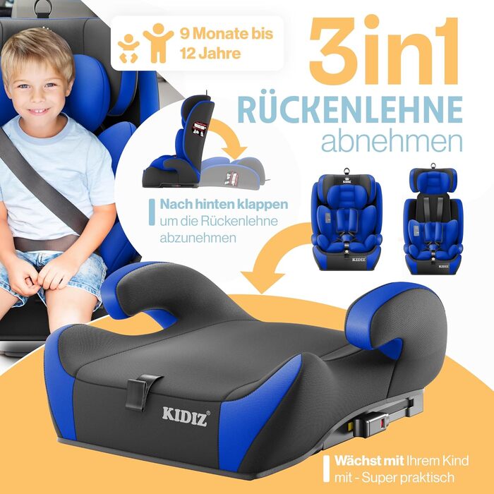 Автокрісло KIDIZ® 1+2+3 для дітей 9-36 кг з 5-точковим ременем безпеки, регульованою підголовником (синій), Isofix