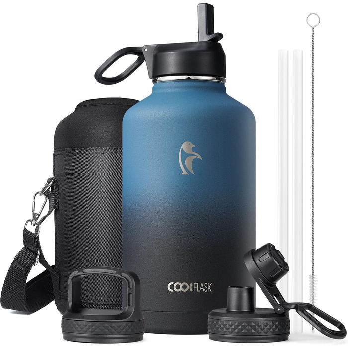 Термобутилка Coolflask 2Л зі сталі нержавіюючої з соломинкою та 3 кришками, вакуумний ізольований спорт-флакон для води та офісу, герметична, колір Indigo Black