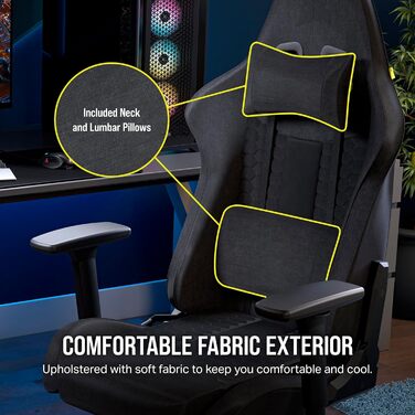 Ігрове крісло Corsair TC100 Relaxed, тканинне, спортивний дизайн, знімні подушки для попереку та шиї з memory foam, регульовані підлокітники, сірий/чорний
