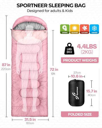 Спальний мішок Outdoor для дітей та дорослих, легкий та компактний (220x80 см), рожевий