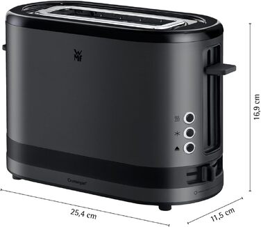 Тостер WMF Küchenminis для 1 тосту XXL, з підставкою для булочок, розморожування, 7 рівнів підсмажування, 600 Вт, нержавіюча сталь, чорний матовий