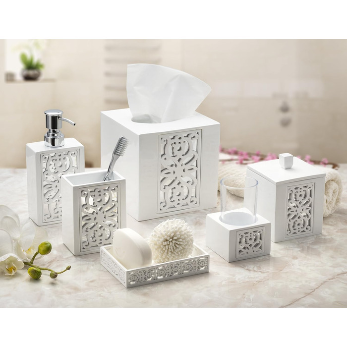 Набір аксесуарів для ванної кімнати Creative Scents – білий та сірий. 4 предмети: дозатор для мила, мильниця, тримач для зубних щіток, чашка.