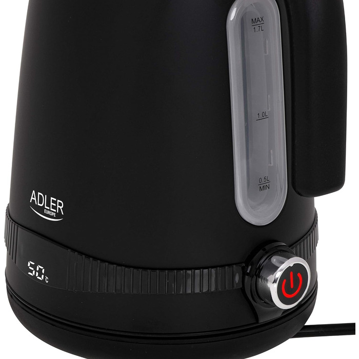 Електрочайник Adler AD 1295b, 1,7 л, нержавійка, LCD-дисплей, терморегулятор, чорний