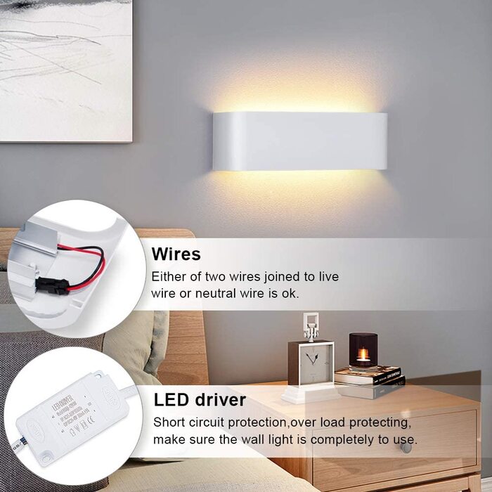 Світильник настінний LED Lightess, білий, 16W, IP44, алюмінієвий, для вітальні, спальні, коридору, тепле біле світло, сучасний дизайн