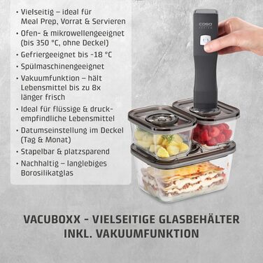 Акумуляторний вакууматор CASO Vacu OneTouch Eco-Set з 3 скляними контейнерами, 10 ZIP-пакетами та стікерами Food Manager, чорний
