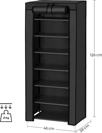 Стійка для взуття SONGMICS на 7 рівнів, 28x46x126 см, чорна, металевий каркас, з пилозахисним чохлом, органайзер для взуття, для туфель, кросівок та каблуків