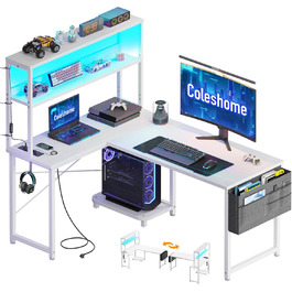 Ігровий стіл Coleshome L-подібної форми з LED підсвічуванням та розетками, 110x80 см. Реверсивний стіл з полицями для зберігання, ігровий кутовий стіл з сумкою для дому та геймінгу.