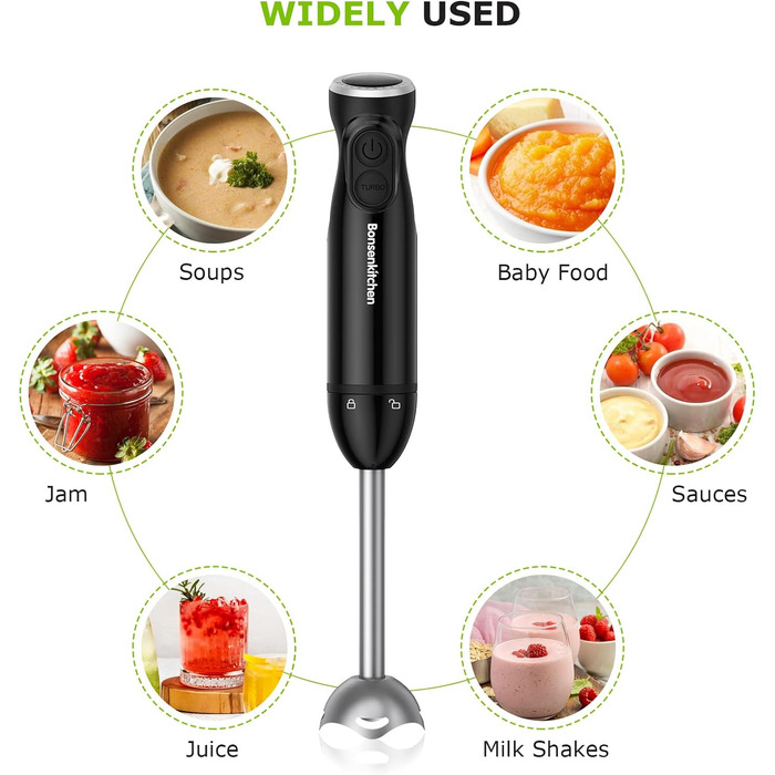 Блендер-пюре Bonsenkitchen HB3201, 1000 Вт, електричний, нержавіюча сталь, ручний міксер для дитячого харчування, супів, смузі, пюре, соусів, чорний