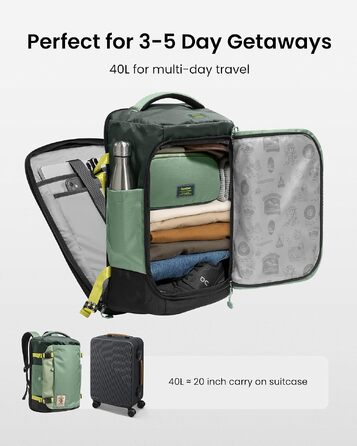 Дорожній рюкзак tomtoc 28L/40L для подорожей та перельотів, TSA-сумісна ручна поклажа (Moosgrün-ripstop)