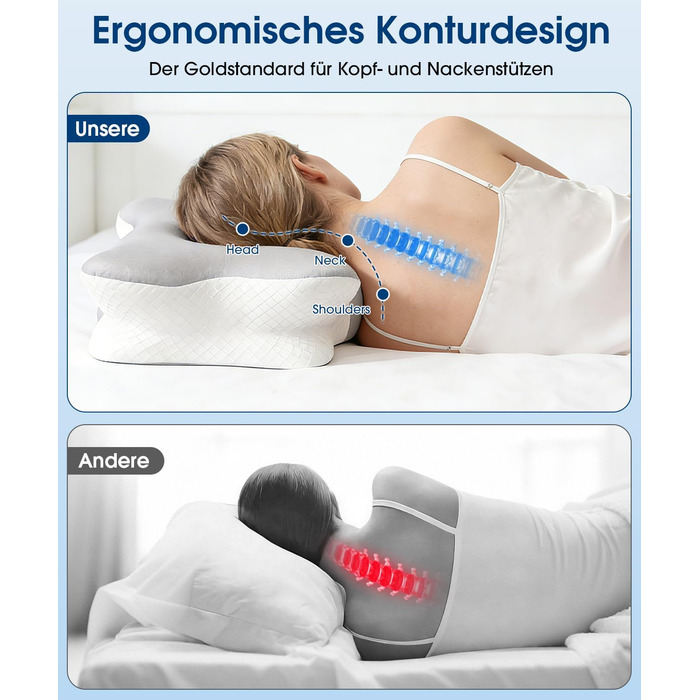Ортопедична подушка для шиї "Метелик" з Memory Foam, ергономічна, з 2 знімними чохлами, проти болю в шиї, для тих, хто спить на боці, спині та животі, 2 рівня висоти