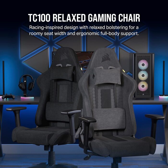 Ігрове крісло Corsair TC100 Relaxed, тканинне, спортивний дизайн, знімні подушки для попереку та шиї з memory foam, регульовані підлокітники, сірий/чорний