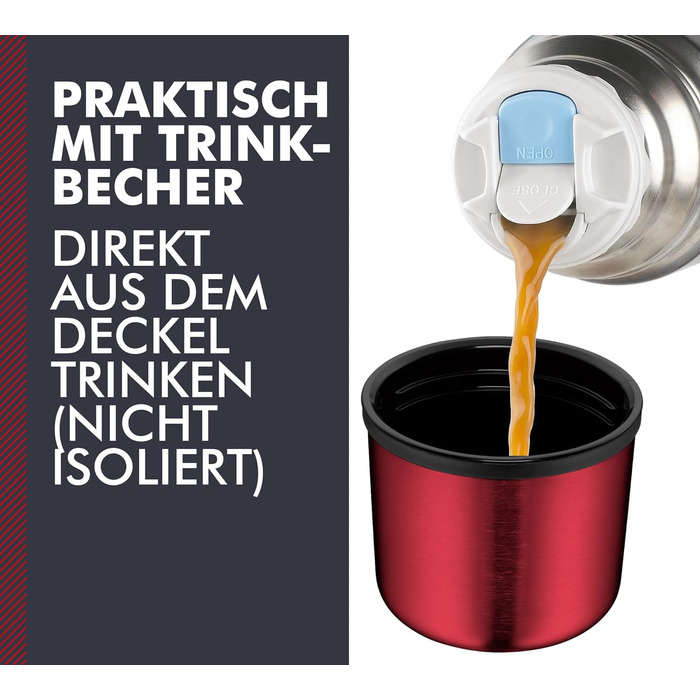 Термос-пляшка Thermos Light & Compact 0,35 л, нержавіюча сталь, червоний, ізольована, з кришкою-чашкою, тримає тепло 12 годин, холод 24 години, герметична, BPA Free, можна мити в посудомийці
