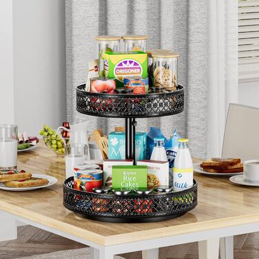 Органайзер Lazy Susan з 2 ярусами, обертовий металевий піднос 30,5 см, регульований, чорний, для спецій, кухні, шафи, ванної