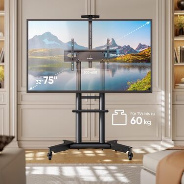 Професійна мобільна стійка для телевізора ONKRON TS1571-B, чорна, 32-75'' (до 60 кг), регульована висота, VESA 600x400, для плоских і вигнутих екранів