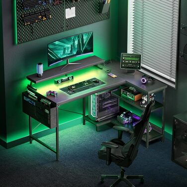 Ігровий стіл Coleshome L-подібний з полицями, LED-підсвіткою та розеткою, кухонний стіл для геймерів з органайзером, реверсивний, чорний, 100×70 см