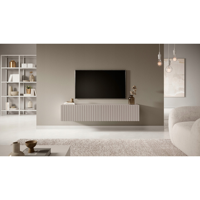 ТВ-тумба Telire 140 см, сіро-бежева, з ламельним фасадом - Selsey Design
