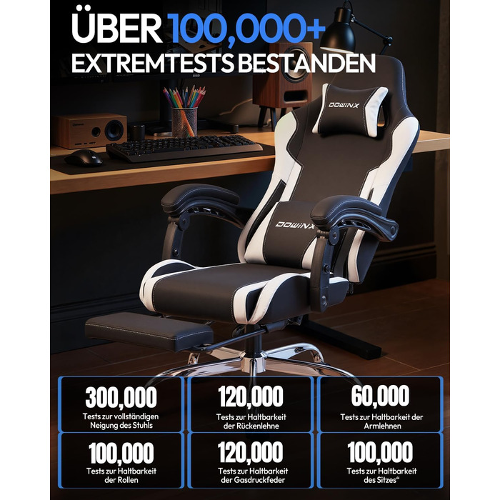 Ігрове крісло Dowinx Ergonomic Gaming Chair з підставкою для ніг, біле, витримує до 150 кг, з регульованими підлокітниками для ПК та офісу