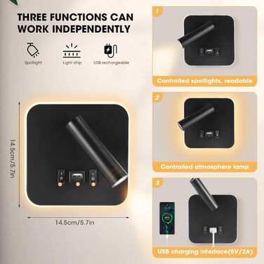 Комплект з 2 LED настінних світильників для інтер’єру з вимикачем і USB, 12W, 360° поворот, сучасна настінна лампа 3000K тепле біле світло для спальні та вітальні