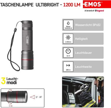 EMOS акумуляторний металевий ліхтарик CREE LED, 3 режими, фокус, водонепроникний, ударостійкий, 1200 люмен, до 280 м, стрічка і чохол, для дому та вулиці, сірий