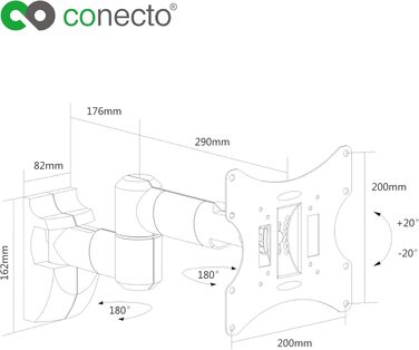 Настінний кронштейн для моніторів та телевізорів connecto до 42 дюймів, поворотний (+/-90°) та нахильний (+/-20°), VESA 50x50-200x200, до 30 кг, білий, SA-CC50252-V2
