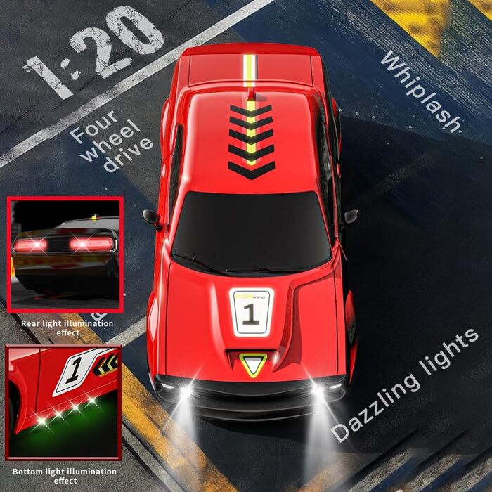 RC Дрифт-кар 1:20 для дітей, 2.4Ghz, LED, 15км/год, 4WD, червоний (2 батареї)
