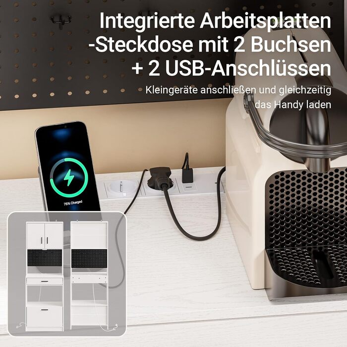 Кухонна шафа-буфет SoBuy з розеткою та 2 USB-портами, сенсорним підсвічуванням, 60x40x170 см, білий колір (FSB98-E-WG)