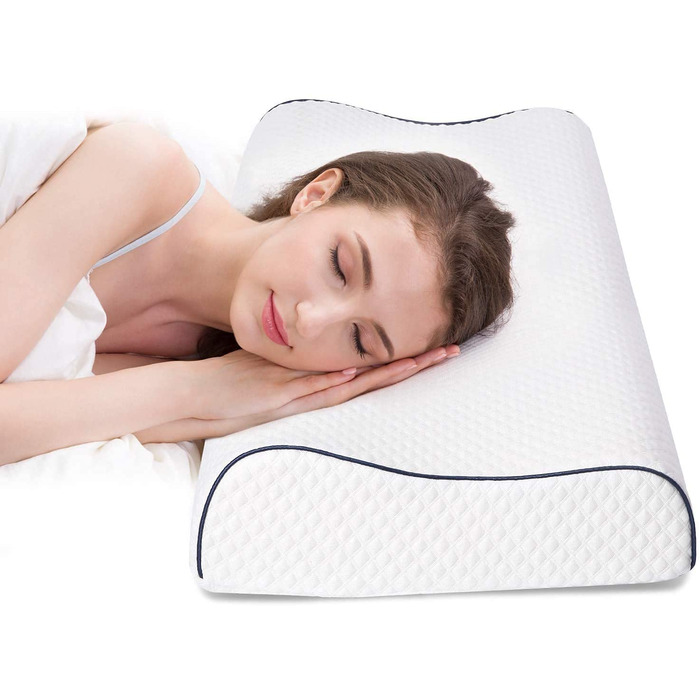 Ергономічна подушка для сну Fityou з ефектом пам'яті (Memory Foam) для підтримки шиї, регульована висота, з мийним чохлом, 60x35x9/11 см, синій кант